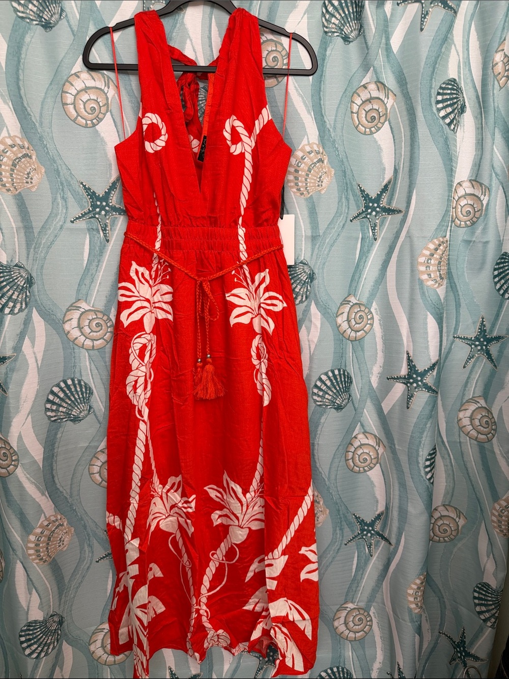 Women's Red Tropical Maxi Dress with Tassel Waist